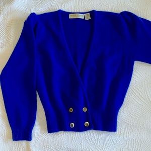 Valerie Stevens Petites Cobalt Blue V Neck Wool Angora Cardigan Size M,